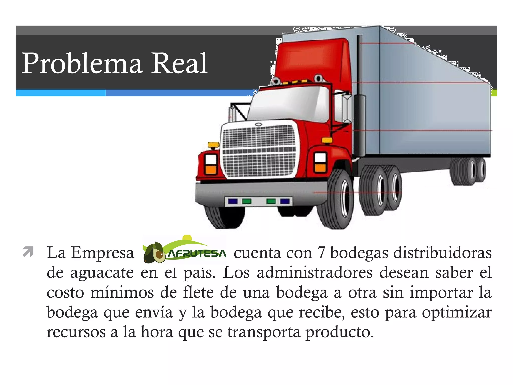 Problema Real La Empresa  cuenta con 7 bodegas distribuidoras de aguacate en el país. Los administradores desean saber el costo mínimos de flete de una bodega a otra sin importar la bodega que envía y la bodega que recibe, esto para optimizar recursos a la hora que se transporta producto. 