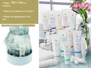 • Retain theskin’snatural
moisture
• Restoretheresilienceof theskin
• Renew theappearanceof the
skin
• $5.4 Billion Industry
Skin Care
 
