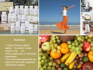 Nutrition
• Today’sfarming method
deplete thenatural mineral
content in the soil
• Many peoplerely on nutritional
supplements
• Our nutritional supplementsare
madefrom thefinest ingredients
• $85 Billion Industry
 