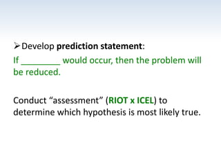 Develop prediction statement:
If ________ would occur, then the problem will
be reduced.
Conduct “assessment” (RIOT x ICEL) to
determine which hypothesis is most likely true.
 