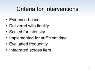 Criteria for Interventions
• Evidence-based
• Delivered with fidelity
• Scaled for intensity
• Implemented for sufficient time
• Evaluated frequently
• Integrated across tiers
29
 