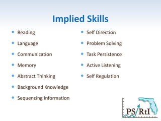 Implied Skills
 Reading
 Language
 Communication
 Memory
 Abstract Thinking
 Background Knowledge
 Sequencing Information
 Self Direction
 Problem Solving
 Task Persistence
 Active Listening
 Self Regulation
 
