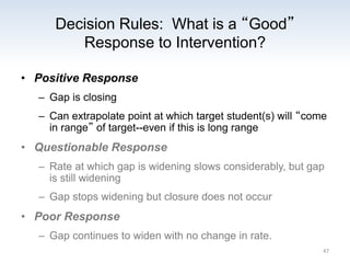 Decision Rules: What is a “Good”
Response to Intervention?
• Positive Response
– Gap is closing
– Can extrapolate point at which target student(s) will “come
in range” of target--even if this is long range
• Questionable Response
– Rate at which gap is widening slows considerably, but gap
is still widening
– Gap stops widening but closure does not occur
• Poor Response
– Gap continues to widen with no change in rate.
47
 