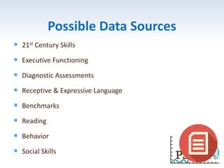 Possible Data Sources
 21st Century Skills
 Executive Functioning
 Diagnostic Assessments
 Receptive & Expressive Language
 Benchmarks
 Reading
 Behavior
 Social Skills
 