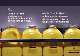 Mais de US$ 2,8 bilhões
em faturamento global/ano.
Maior plantadora,
processadora e
distribuidora de produtos
de Aloe Vera do mundo.
Milhares de acres cultivados,
sem pesticidas ou herbicidas.
A EMPRESA
02.
Processo de envazamento
na fábrica de Dallas
 