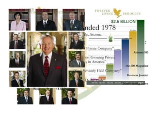  9.5 million distributors Forever Living Products Headquarters – Scottsdale, AZRex Maughan, Founder & CEO“Help other people get what they want and in turn you’ll get what you want”