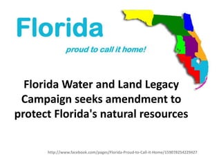 Florida Water and Land Legacy
 Campaign seeks amendment to
protect Florida's natural resources

      http://www.facebook.com/pages/Florida-Proud-to-Call-it-Home/159078254229427
 