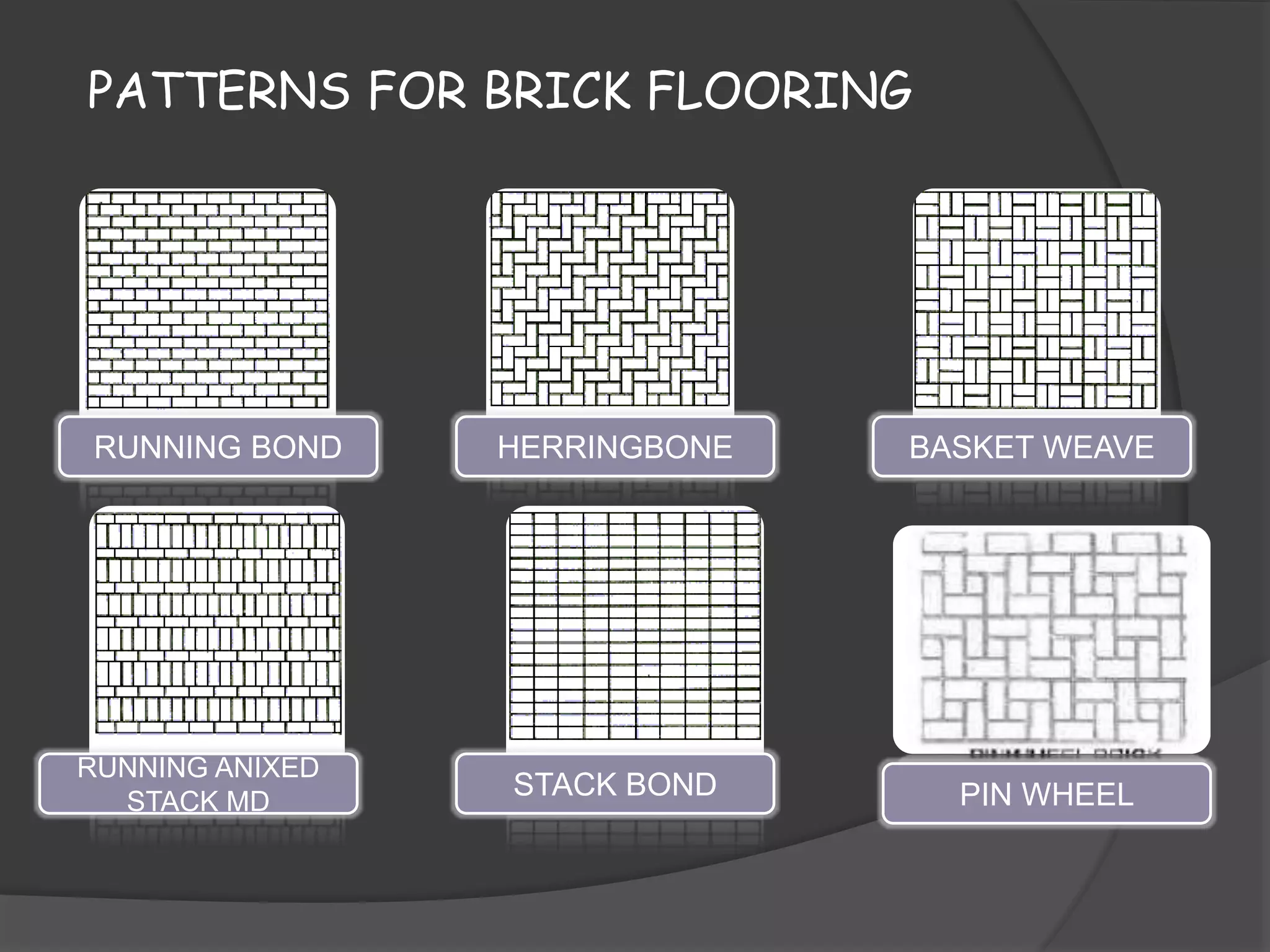 BASKET WEAVEHERRINGBONERUNNING BOND
RUNNING ANIXED
STACK MD
STACK BOND PIN WHEEL
PATTERNS FOR BRICK FLOORING
 