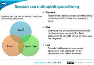 Noodzaak voor snelle opleidingsontwikkeling
                                                 Waarom
Scheiding van “hoe, wat en waarom” vraag naar      Inspirerende sessies op basis van story telling
verschillende leerobjecten.                        om deelnemers intrinsiek te motiveren tot
                                                   leren.


                                                 Wat
                                                   Verbinding met (vrije)kenniselementen zoals
                                                   de Khan Academy en de CoP‟s. Deze
                                                   produceren de nieuwste kennis en trends van
                                                   het vakgebied.


                                                 Hoe
                                                   Dit onderdeel bestaat uit cases en/of
                                                   opdrachten. Hier begeleiden we de
                                                   deelnemers naar vakbekwaamheid.



                                                                               2012 - John May - Capgemini Academy   6
 