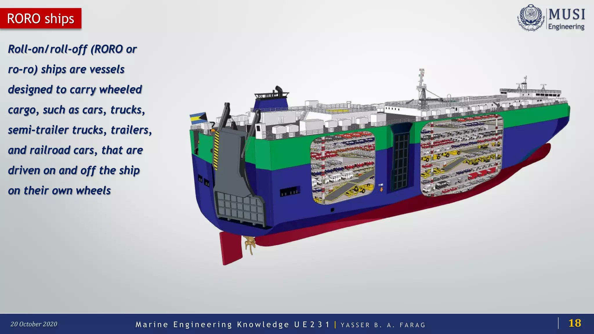 M a r i n e E n g i n e e r i n g K n o w l e d g e U E 2 3 1 | Y A S S E R B . A . F A R A G20 October 2020
RORO ships
Roll-on/roll-off (RORO or
ro-ro) ships are vessels
designed to carry wheeled
cargo, such as cars, trucks,
semi-trailer trucks, trailers,
and railroad cars, that are
driven on and off the ship
on their own wheels
18
 
