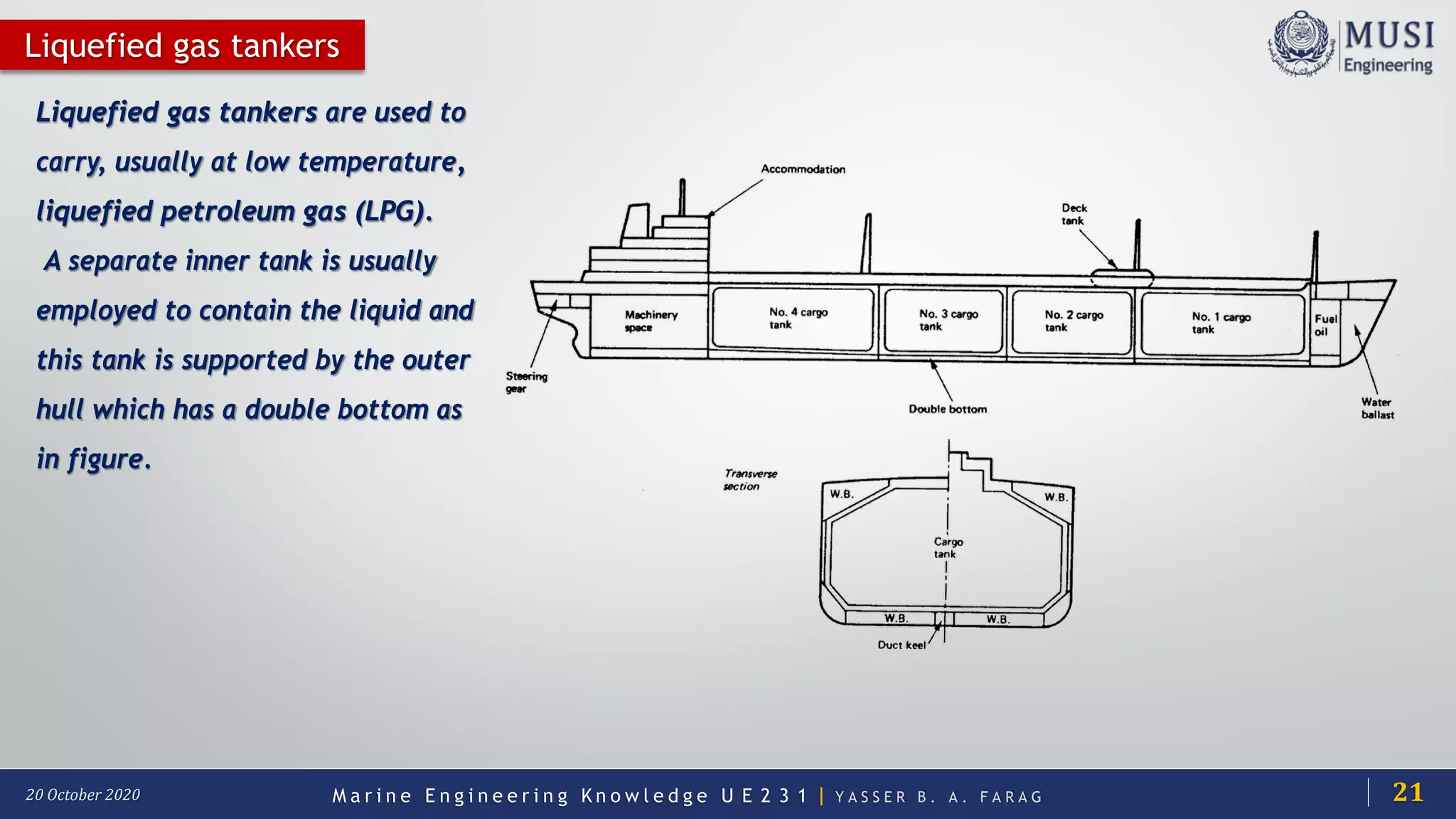 M a r i n e E n g i n e e r i n g K n o w l e d g e U E 2 3 1 | Y A S S E R B . A . F A R A G20 October 2020
Liquefied gas tankers
Liquefied gas tankers are used to
carry, usually at low temperature,
liquefied petroleum gas (LPG).
A separate inner tank is usually
employed to contain the liquid and
this tank is supported by the outer
hull which has a double bottom as
in figure.
21
 