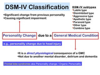 Personality Change due to adue to a General Medical Condition
•Significant change from previous personality
•Causing significant impairment
•It is a direct physiological consequence of a GMC
•Not due to another mental disorder, delirium and dementia
DSM-IV subtypes
Labile type
Disinhibited type
Aggressive type
Apathetic type
Paranoid type
Other type
Combine type
e.g., personality change due to head injury
Frontal lobe syndromes aka Personality change / Organic Personality
DSM-IV Classification
 