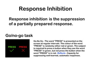 Response Inhibition
Response inhibition is the suppression
of a partially prepared response.
Go/no-go task
Go-No Go - The word "PRESS" is presented on the
screen at regular intervals. The colour of the word
"PRESS" is randomly either red or green. The subject
is required to press a button when they see the word
"PRESS" in green, but not press the button when the
word "PRESS" is in red. Reflects - Capacity for
suppressing well-learned, automatic responses.
PRESSPRESSPRESSPRESSPRESSPRESS
 