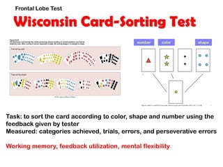 Wisconsin Card-Sorting Test
Task: to sort the card according to color, shape and number using the
feedback given by tester
Measured: categories achieved, trials, errors, and perseverative errors
Working memory, feedback utilization, mental flexibility
number color shape
Frontal Lobe Test
 