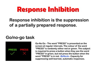Response Inhibition
Response inhibition is the suppression
of a partially prepared response.
Go/no-go task
Go-No Go - The word "PRESS" is presented on the
screen at regular intervals. The colour of the word
"PRESS" is randomly either red or green. The subject
is required to press a button when they see the word
"PRESS" in green, but not press the button when the
word "PRESS" is in red. Reflects - Capacity for
suppressing well-learned, automatic responses.
PRESSPRESSPRESSPRESSPRESSPRESS
 