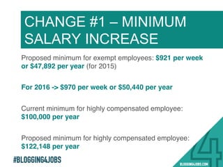 #BLOGGING4JOBS
Proposed minimum for exempt employees: $921 per week
or $47,892 per year (for 2015)!
For 2016 -> $970 per week or $50,440 per year!
Current minimum for highly compensated employee:
$100,000 per year!
Proposed minimum for highly compensated employee:
$122,148 per year!
CHANGE #1 – MINIMUM
SALARY INCREASE
16!
 