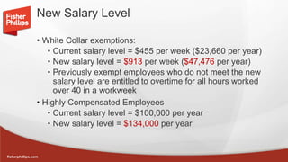 fisherphillips.com
New Salary Level
• White Collar exemptions:
• Current salary level = $455 per week ($23,660 per year)
• New salary level = $913 per week ($47,476 per year)
• Previously exempt employees who do not meet the new
salary level are entitled to overtime for all hours worked
over 40 in a workweek
• Highly Compensated Employees
• Current salary level = $100,000 per year
• New salary level = $134,000 per year
 