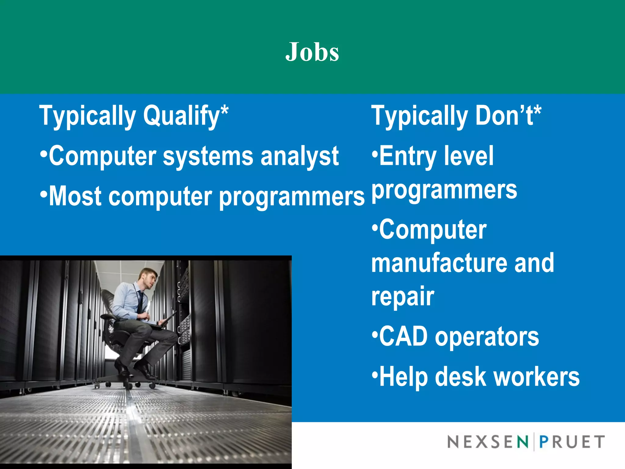 Jobs

Typically Qualify*         Typically Don’t*
•Computer systems analyst •Entry level
•Most computer programmers programmers
                           •Computer
                           manufacture and
                           repair
                           •CAD operators
                           •Help desk workers
 