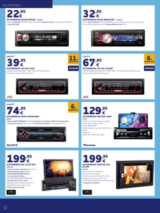 14
15
22,95
€
AUTORRÁDIO SICUR SCM141 901451
• AUX • 4 saídas RCA • 4x50W • Painel frontal fixo • Comando remoto • Compatível com iPod/iPhone
• Cartão SD • USB
ELETRÓNICA
32,95
€
AUTORRÁDIO SICUR RMD227BT 2134338
• Aux • Painel destacável • MP3 • 4x40W • Scan e memorização automáticas até 18 estações
• Ficha ISO • Iluminação vermelha • Bluetooth/Mãos Livres • USB
44,95 €
39,95
€
AUTORRÁDIO JVC KD-X162
• 4/50W • USB • AUX • MP3 / WMA / WAV e FLAC • Bass Boost
• Iluminação vermelha • Painel destacável
79,95 €
74,95
€
AUTORRÁDIO SONY DSXA416BT
58762
• Bluetooth/NFC/USB/AUX • 4x55W • Comandos de voz Android e IOS • Função Extra Bass
• LCD de alto contraste • Painel extraível • Iluminação multicolor • Compatibilidade FLAC
72,95 €
67,95
€
AUTORRÁDIO JVC KD-X362BT
• 4/50W • USB (1.5A) • AUX • MP3 / WMA / WAV e FLAC • Bluetooth • Spotify Controle
• Iluminação vermelha • Painel destacável
DESCONTO
11%
DESCONTO
6%
DESCONTO
6%
NOVIDADE NOVIDADE
129,95
€
AUTORRÁDIO USB SPH-10BT
47441
• 1DIN com suporte smartphone integrado
• Compatível com iOS e android
• Radio AM/FM e RDS
• Audio streaming e apps Smart Sync Pioneer
• 4x50
• Bluetooth
• Flac / MP3 / WMA / AAC / WAV
199,95
€
AUTORRÁDIO NS-313 BT MFI
2054218
• ​Ecrã motorizado e táctil de 7”cm (17,8 cm)
• Painel frontal destacável • 50Wx4
• DVD/USB/SD/AUX/MFI (iPhone)
• Cor dos botões multicolor
• MP3/WMA/MPEG4/DIVX/JPEG/XVID
• Entrada câmera marcha-atrás
• Microfone externo • Saída Subwoofer + 2
saídas RCA • Entrada e saída de video
• Controlo remoto incluído
199,95
€
AUTORRÁDIO 2DIN NS-412
BT MFI
937133
• Ecrã táctil de 6,1” • Bluetooth
• Kit mãos-livres integrado
• Microfone exterior • Entrada SD e USB
• Saída para câmara de marcha-atrás
• XVID • MP3 • DVD • Painel extraível (parcial)
• Compatível com iPhone
 