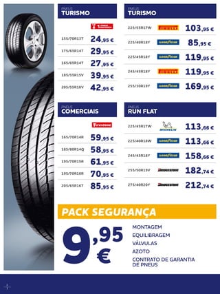 PACK SEGURANÇA
2
3
9,95
€
MONTAGEM
EQUILIBRAGEM
VÁLVULAS
AZOTO
CONTRATO DE GARANTIA
DE PNEUS
225/55R17W
103,95 €
225/40R18Y
85,95 €
225/45R18Y
119,95 €
245/45R18Y
119,95 €
255/30R19Y
169,95 €
225/45R17W
113,66 €
225/40R18W
113,66 €
245/45R18Y
158,66 €
255/50R19V
182,74 €
275/40R20Y
212,74 €
PNEUS
RUN FLAT
165/70R14R
59,95 €
185/80R14Q
58,95 €
195/70R15R
61,95 €
195/70R16R
70,95 €
205/65R16T
85,95 €
155/70R13T
24,95 €
175/65R14T
29,95 €
165/65R14T
27,95 €
185/55R15V
39,95 €
205/55R16V
42,95 €
PNEUS
COMERCIAIS
PNEUS
TURISMO
PNEUS
TURISMO
 