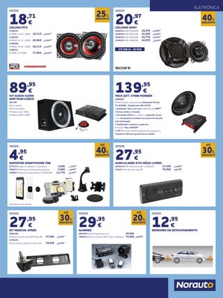 DESCONTO
25%
DESCONTO
40%
DESDE
18,71
€
COLUNA MTX
2108302
• TR40C 2V 10’’ 180W 	 18,71€	 24,95€
2108305
• TR50C 2V 13’’ 220W	 20,96€ 	 27,95€
2108308
• TR65C 2V 16’’ 260W	 26,21€ 	 34,95€
2108311
• TR69C 3V 320W	 37,46€	 49,95€
ELETRÓNICA
ATÉ 206 W - 45 RMS
89,95
€
KIT AUDIO S100N
AMP+SUB+CABOS
863305
• Kit completo
• Fácil montagem
• Potência máx: 500w
• Potência RMS: 150W
DESDE
4,95
€
SUPORTES SMARTPHONE TNB
877333 • Suporte magnético smartphone 	 4,95€	 7,95€
756077 • Mini Suporte Ventosa Smartphone	 5,95€ 	 9,95€
258055 • Suporte Universal Multi-Fix PDA GPS	 12,77€ 	 21,95€
DESDE
20,97
€
COLUNAS SONY
2040253 • XS-FB1020E 	 20,97€	 34,95€
2040254 • XS-FB1320E	 23,97€ 	 39,95€
2040255 • XS-FB1620E	 28,77€ 	 47,95€
2100367 • XS-FB6920E	 44,97€ 	 74,95€
DESDE
27,95
€
KIT MARCHA-ATRÁS
2065386
• Câmara marcha-atrás SPY Plana 90 	 27,95€	 39,95€
2039103
• Sup matrícula câmara marcha-atrás	 29,95€ 	 39,95€
DESDE
12,95
€
SENSORES DE ESTACIONAMENTO
DESDE
29,95
€
ALARMES
485538 • Alarme Spy básico carro	 29,95€
799519 • Alarme modular 4693 Cobra / Vodafone	 79,95€ 	99,95€
DESDE
27,95
€
AURICULARES KITS MÃOS LIVRES
2054214 • Kit mãos livres para-sol NSound	 27,95€ 	 39,95€
34425 • Kit mãos livre trip JBL	 79,95€ 	 89,95€
DESCONTO
ATÉ
40%
DESCONTO
ATÉ
30%
DESCONTO
ATÉ
20%
DESCONTO
ATÉ
30%
Smartphone não incluido.
139,95
€
PACK GXT-3706B PIONEER
2068055
• Pack Pioneer composto pelo Subwoofer Pioneer
TS-W306R e Amplificador GM-A3702
• Subwoofer 30cm com caixa, altifalante em IMPP™
• Graves sólidos e ritmados
• Tecnologia VCCS para manter o subwoofer fresco
e um desempenho excelente com graves de duração
mais prolongada
• Amplificador compacto e poderoso
• Função “Auto ON/OFF”
• LPF (filtro passa-baixo) integrado para assegurar a
frequência ideal para graves duros e sólidos
 