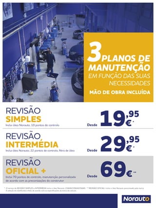 * O serviço de REVISÃO SIMPLES e INTERMÉDIA inclui o óleo Norauto 15W40/10W40/5W40. ** REVISÃO OFICIAL+ inclui o óleo Norauto preconizado pela marca.
	 A seleção do lubrificante é feito de acordo com as especificações da marca do veículo.
REVISÃO
SIMPLESInclui óleo Norauto, 10 pontos de controlo
REVISÃO
OFICIAL +Inclui 70 pontos de controlo, manutenção personalizada
de acordo com as preconizações do construtor
REVISÃO
INTERMÉDIAInclui óleo Norauto, 22 pontos de controlo, filtro de óleo 29,95
€*
Desde
19,95
€*
Desde
69€**
Desde
3PLANOS DE
MANUTENÇÃO
EM FUNÇÃO DAS SUAS
NECESSIDADES
MÃO DE OBRA INCLUÍDA
 