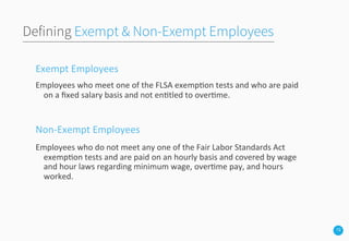 12
Defining Exempt & Non-Exempt Employees
Exempt	
  Employees	
  
Employees	
  who	
  meet	
  one	
  of	
  the	
  FLSA	
  exemp3on	
  tests	
  and	
  who	
  are	
  paid	
  
on	
  a	
  ﬁxed	
  salary	
  basis	
  and	
  not	
  en3tled	
  to	
  over3me.	
  
	
  
Non-­‐Exempt	
  Employees	
  
Employees	
  who	
  do	
  not	
  meet	
  any	
  one	
  of	
  the	
  Fair	
  Labor	
  Standards	
  Act	
  
exemp3on	
  tests	
  and	
  are	
  paid	
  on	
  an	
  hourly	
  basis	
  and	
  covered	
  by	
  wage	
  
and	
  hour	
  laws	
  regarding	
  minimum	
  wage,	
  over3me	
  pay,	
  and	
  hours	
  
worked.	
  
 