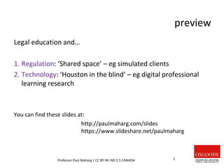 preview
Legal education and…
1. Regulation: ‘Shared space’ – eg simulated clients
2. Technology: ‘Houston in the blind’ – eg digital professional
learning research
You can find these slides at:
http://paulmaharg.com/slides
https://www.slideshare.net/paulmaharg
Professor Paul Maharg | CC BY-NC-ND 2.5 CANADA 1
 
