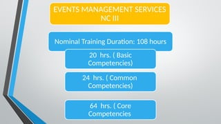 EVENTS MANAGEMENT SERVICES
NC III
Nominal Training Duration: 108 hours
20 hrs. ( Basic
Competencies)
24 hrs. ( Common
Competencies)
64 hrs. ( Core
Competencies
 