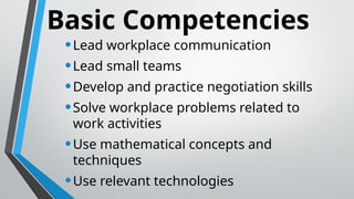 •Lead workplace communication
•Lead small teams
•Develop and practice negotiation skills
•Solve workplace problems related to
work activities
•Use mathematical concepts and
techniques
•Use relevant technologies
Basic Competencies
 