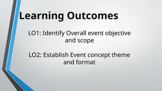 Learning Outcomes
LO1: Identify Overall event objective
and scope
LO2: Establish Event concept theme
and format
 