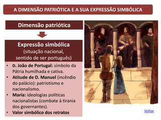 A DIMENSÃO PATRIÓTICA E A SUA EXPRESSÃO SIMBÓLICA
Dimensão patriótica
Expressão simbólica
(situação nacional,
sentido de ser português)
• D. João de Portugal: símbolo da
Pátria humilhada e cativa.
• Atitude de D. Manuel (incêndio
do palácio): patriotismo e
nacionalismo.
• Maria: ideologias políticas
nacionalistas (combate à tirania
dos governantes).
• Valor simbólico dos retratos Voltar
 
