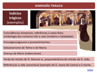 DIMENSÃO TRÁGICA
Indícios
trágicos
(exemplos)
Coincidências temporais; referências à sexta-feira;
simbologia dos números três e sete (mistério e fatalidade).
Sebastianismo de Telmo e de Maria.
Doença de Maria (tuberculose).
Presságios/agouros e pressentimentos.
Perda do retrato de D. Manuel vs. preponderância do retrato de D. João.
Referências à vida conventual (exemplo de D. Joana de Castro) e à morte.
Voltar
 