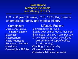 Case History:   Metabolic Syndrome    and efficacy of TLC’s Complaints : -Occasional fatigue, lethargy, apathy -Dizziness -Restlessness -Rapid heartbeat -Shortness of breath -Heartburn -Overweight - 195 lbs Lifestyle Factors : -Significant stress levels -Eating poor quality food & fast food  -Skip meals, only two meals per day -Crave Stimulants such as caffeine, soft drinks (4-5 cups of coffee,  1 soda per day) -Smoking 1 pack per day -Occasional alcohol -Exercises 1-2 times per week E.C. - 50 year old male, 5’10’, 197.5 lbs, 0 meds, unremarkable family and medical history   