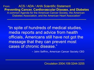 From:   ACS / ADA / AHA Scientific Statement Preventing Cancer, Cardiovascular Disease, and Diabetes A common Agenda for the American Cancer Society, the American  Diabetes Association, and the American Heart Association” Circulation 2004;109:3244-3255 “ In spite of hundreds of medical studies, media reports and advice from health officials, Americans still have not got the message that they can prevent most cases of chronic disease.” –  John Seffrin, American Cancer Society CEO 