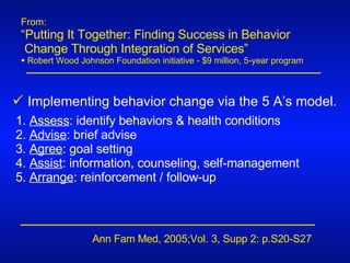 From: “ Putting It Together: Finding Success in Behavior  Change Through Integration of Services” Robert Wood Johnson Foundation initiative - $9 million, 5-year program Ann Fam Med, 2005;Vol. 3, Supp 2: p.S20-S27  Implementing behavior change via the 5 A’s model.   1.  Assess : identify behaviors & health conditions 2.  Advise : brief advise 3.  Agree : goal setting 4.  Assist : information, counseling, self-management 5.  Arrange : reinforcement / follow-up 