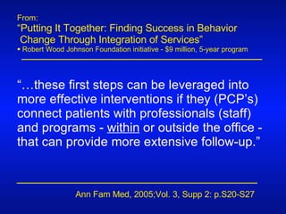 From: “ Putting It Together: Finding Success in Behavior  Change Through Integration of Services” Robert Wood Johnson Foundation initiative - $9 million, 5-year program Ann Fam Med, 2005;Vol. 3, Supp 2: p.S20-S27  “… these first steps can be leveraged into more effective interventions if they (PCP’s) connect patients with professionals (staff) and programs -  within  or outside the office - that can provide more extensive follow-up.” 