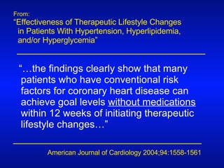 From: “ Effectiveness of Therapeutic Lifestyle Changes  in Patients With Hypertension, Hyperlipidemia,  and/or Hyperglycemia” American Journal of Cardiology 2004;94:1558-1561 “… the findings clearly show that many patients who have conventional risk factors for coronary heart disease can achieve goal levels  without medications  within 12 weeks of initiating therapeutic lifestyle changes…” 