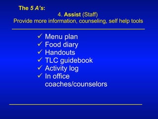 The  5 A’s : 4.  Assist  (Staff) Provide more information, counseling, self help tools Menu plan Food diary  Handouts TLC guidebook Activity log In office coaches/counselors 