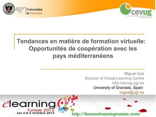 Tendances en matière de formation virtuelle:
          Opportunités de coopération avec les
                  pays méditerranéens

        Available on
        Slideshare:                                      Miguel Gea
                                Director of Virtual Learning Centre
http://www.slideshare.n                          http://cevug.ugr.es
et/                                  University of Granada, Spain
mgea/FLT2012                                          mgea@ugr.es




                          http://forumelearningtunisie.com/
 