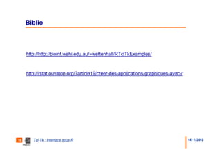Biblio



     http://http://bioinf.wehi.edu.au/~wettenhall/RTclTkExamples/



     http://rstat.ouvaton.org/?article19/creer-des-applications-graphiques-avec-r




16      Tcl-Tk : Interface sous R                                                   14/11/2012
 