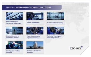 SERVICES: INTERGRATED TECHNICAL SOLUTIONS




Base maintenance
                          Engine Management       Full aircraft engineering
for commercial aircraft




Line maintenance in       Parts of components,    Technical Training and
remote out-stations       repair and overhaul     consulting services




Landing gear overhaul     Delivery & Redelivery
solutions                 solutions
 
