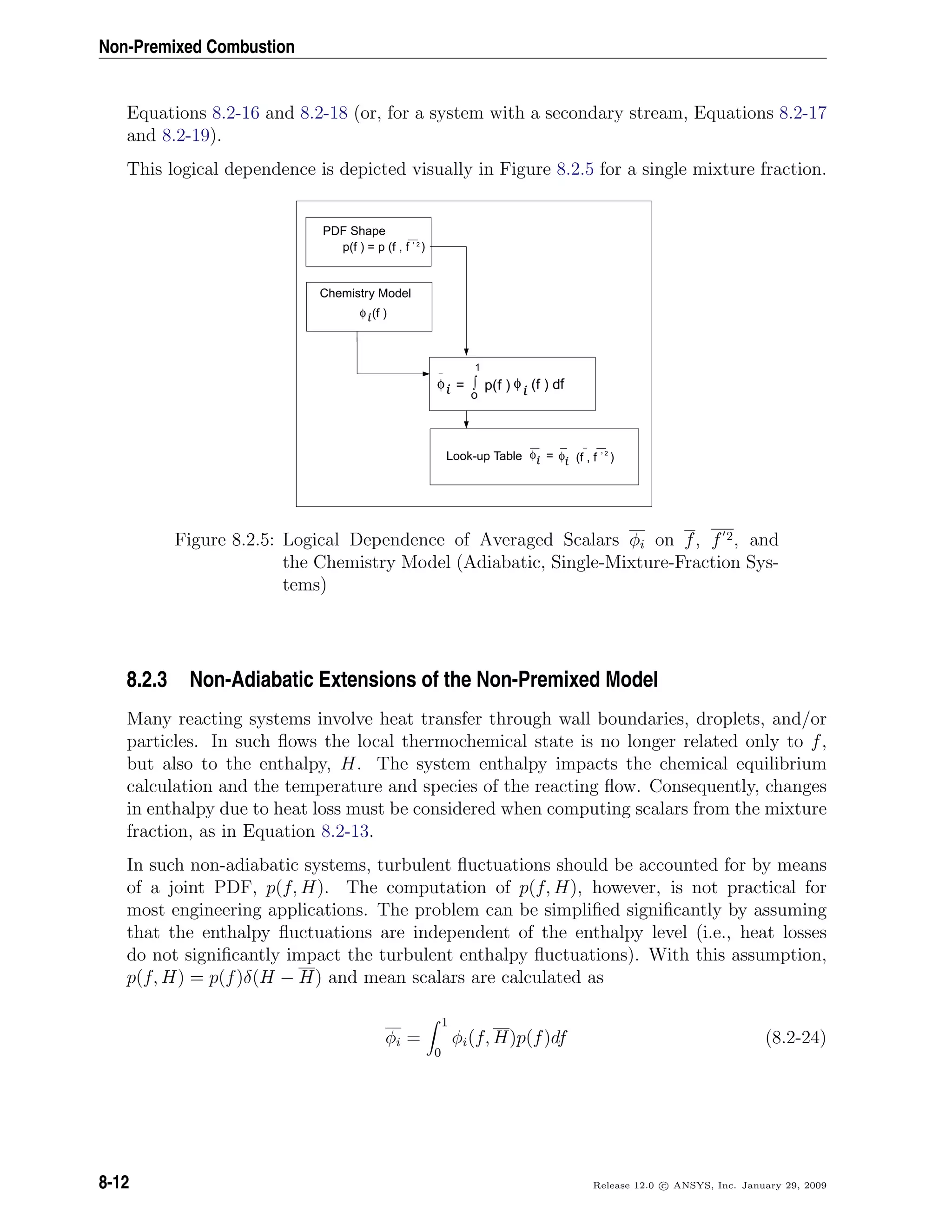 Non-Premixed Combustion
Equations 8.2-16 and 8.2-18 (or, for a system with a secondary stream, Equations 8.2-17
and 8.2-19).
This logical dependence is depicted visually in Figure 8.2.5 for a single mixture fraction.
PDF Shape
Chemistry Model
(f )φ
p(f ) = p (f , f
Look-up Table φ = φ (f , f
)2’
2
’
i i
φ = ∫
o
1
p(f ) φ (f ) dfii
i
)
Figure 8.2.5: Logical Dependence of Averaged Scalars φi on f, f 2, and
the Chemistry Model (Adiabatic, Single-Mixture-Fraction Sys-
tems)
8.2.3 Non-Adiabatic Extensions of the Non-Premixed Model
Many reacting systems involve heat transfer through wall boundaries, droplets, and/or
particles. In such ﬂows the local thermochemical state is no longer related only to f,
but also to the enthalpy, H. The system enthalpy impacts the chemical equilibrium
calculation and the temperature and species of the reacting ﬂow. Consequently, changes
in enthalpy due to heat loss must be considered when computing scalars from the mixture
fraction, as in Equation 8.2-13.
In such non-adiabatic systems, turbulent ﬂuctuations should be accounted for by means
of a joint PDF, p(f, H). The computation of p(f, H), however, is not practical for
most engineering applications. The problem can be simpliﬁed signiﬁcantly by assuming
that the enthalpy ﬂuctuations are independent of the enthalpy level (i.e., heat losses
do not signiﬁcantly impact the turbulent enthalpy ﬂuctuations). With this assumption,
p(f, H) = p(f)δ(H − H) and mean scalars are calculated as
φi =
1
0
φi(f, H)p(f)df (8.2-24)
8-12 Release 12.0 c ANSYS, Inc. January 29, 2009
 
