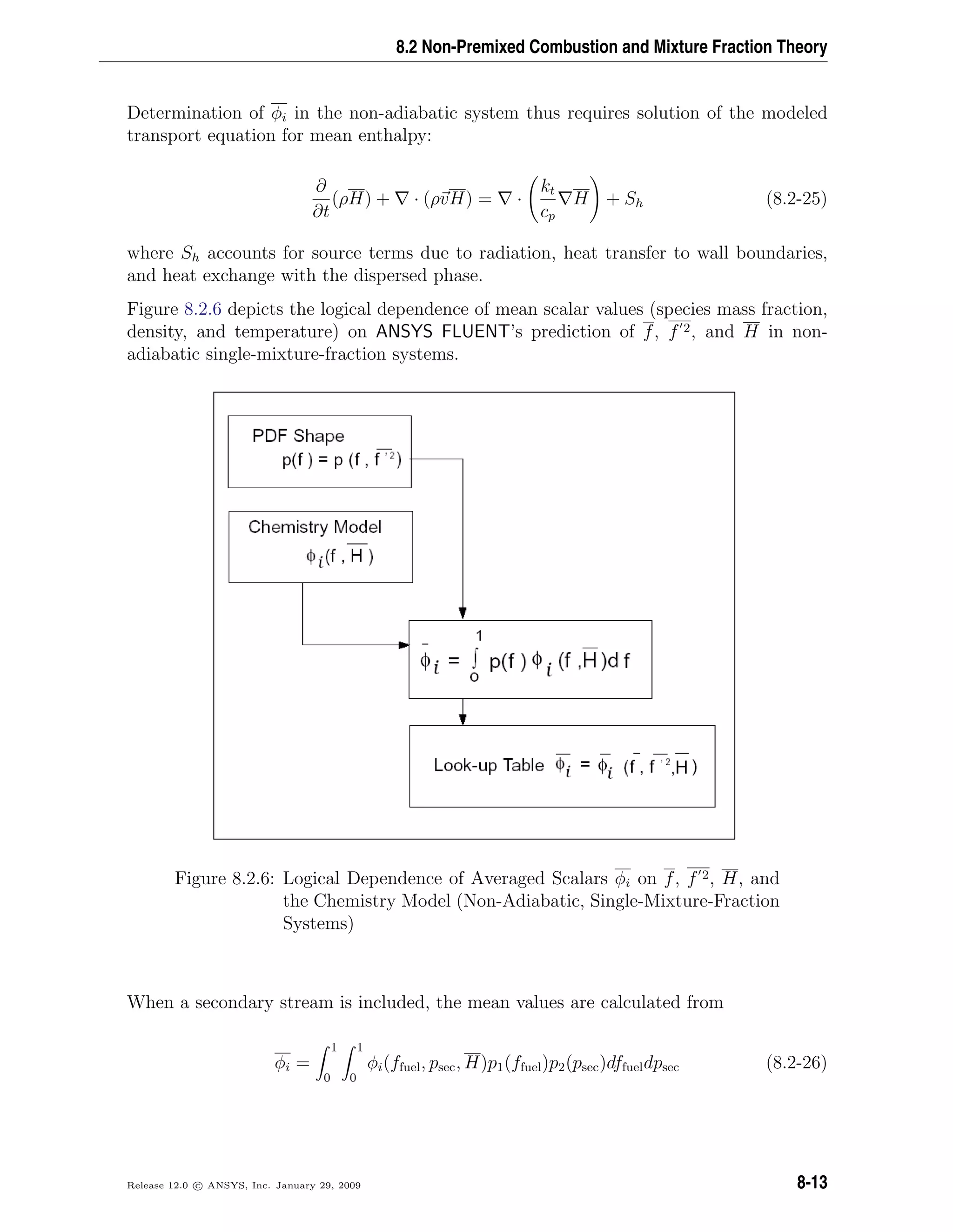 8.2 Non-Premixed Combustion and Mixture Fraction Theory
Determination of φi in the non-adiabatic system thus requires solution of the modeled
transport equation for mean enthalpy:
∂
∂t
(ρH) + · (ρvH) = ·
kt
cp
H + Sh (8.2-25)
where Sh accounts for source terms due to radiation, heat transfer to wall boundaries,
and heat exchange with the dispersed phase.
Figure 8.2.6 depicts the logical dependence of mean scalar values (species mass fraction,
density, and temperature) on ANSYS FLUENT’s prediction of f, f 2, and H in non-
adiabatic single-mixture-fraction systems.
Figure 8.2.6: Logical Dependence of Averaged Scalars φi on f, f 2, H, and
the Chemistry Model (Non-Adiabatic, Single-Mixture-Fraction
Systems)
When a secondary stream is included, the mean values are calculated from
φi =
1
0
1
0
φi(ffuel, psec, H)p1(ffuel)p2(psec)dffueldpsec (8.2-26)
Release 12.0 c ANSYS, Inc. January 29, 2009 8-13
 
