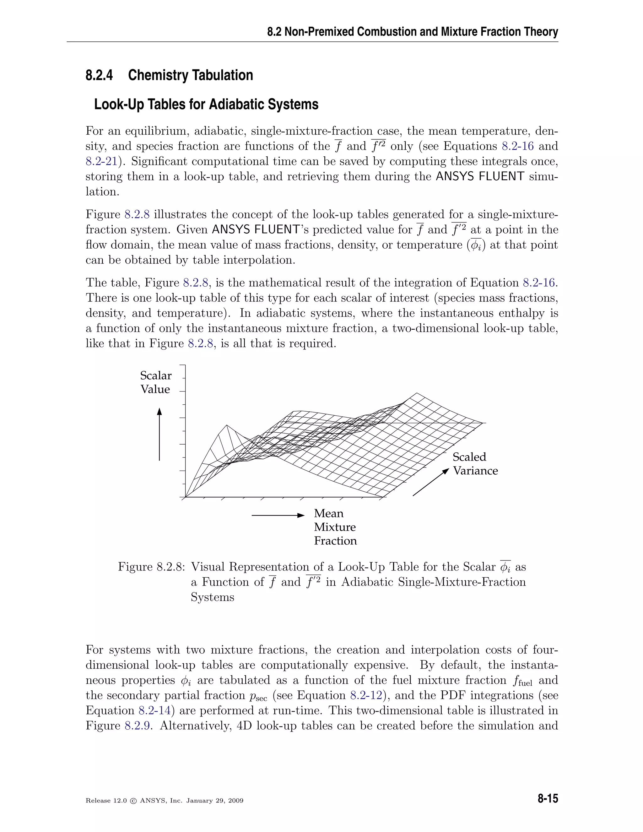 8.2 Non-Premixed Combustion and Mixture Fraction Theory
8.2.4 Chemistry Tabulation
Look-Up Tables for Adiabatic Systems
For an equilibrium, adiabatic, single-mixture-fraction case, the mean temperature, den-
sity, and species fraction are functions of the f and f 2 only (see Equations 8.2-16 and
8.2-21). Signiﬁcant computational time can be saved by computing these integrals once,
storing them in a look-up table, and retrieving them during the ANSYS FLUENT simu-
lation.
Figure 8.2.8 illustrates the concept of the look-up tables generated for a single-mixture-
fraction system. Given ANSYS FLUENT’s predicted value for f and f 2 at a point in the
ﬂow domain, the mean value of mass fractions, density, or temperature (φi) at that point
can be obtained by table interpolation.
The table, Figure 8.2.8, is the mathematical result of the integration of Equation 8.2-16.
There is one look-up table of this type for each scalar of interest (species mass fractions,
density, and temperature). In adiabatic systems, where the instantaneous enthalpy is
a function of only the instantaneous mixture fraction, a two-dimensional look-up table,
like that in Figure 8.2.8, is all that is required.
Scalar
Value
Mean
Mixture
Fraction
Scaled
Variance
Figure 8.2.8: Visual Representation of a Look-Up Table for the Scalar φi as
a Function of f and f 2 in Adiabatic Single-Mixture-Fraction
Systems
For systems with two mixture fractions, the creation and interpolation costs of four-
dimensional look-up tables are computationally expensive. By default, the instanta-
neous properties φi are tabulated as a function of the fuel mixture fraction ffuel and
the secondary partial fraction psec (see Equation 8.2-12), and the PDF integrations (see
Equation 8.2-14) are performed at run-time. This two-dimensional table is illustrated in
Figure 8.2.9. Alternatively, 4D look-up tables can be created before the simulation and
Release 12.0 c ANSYS, Inc. January 29, 2009 8-15
 