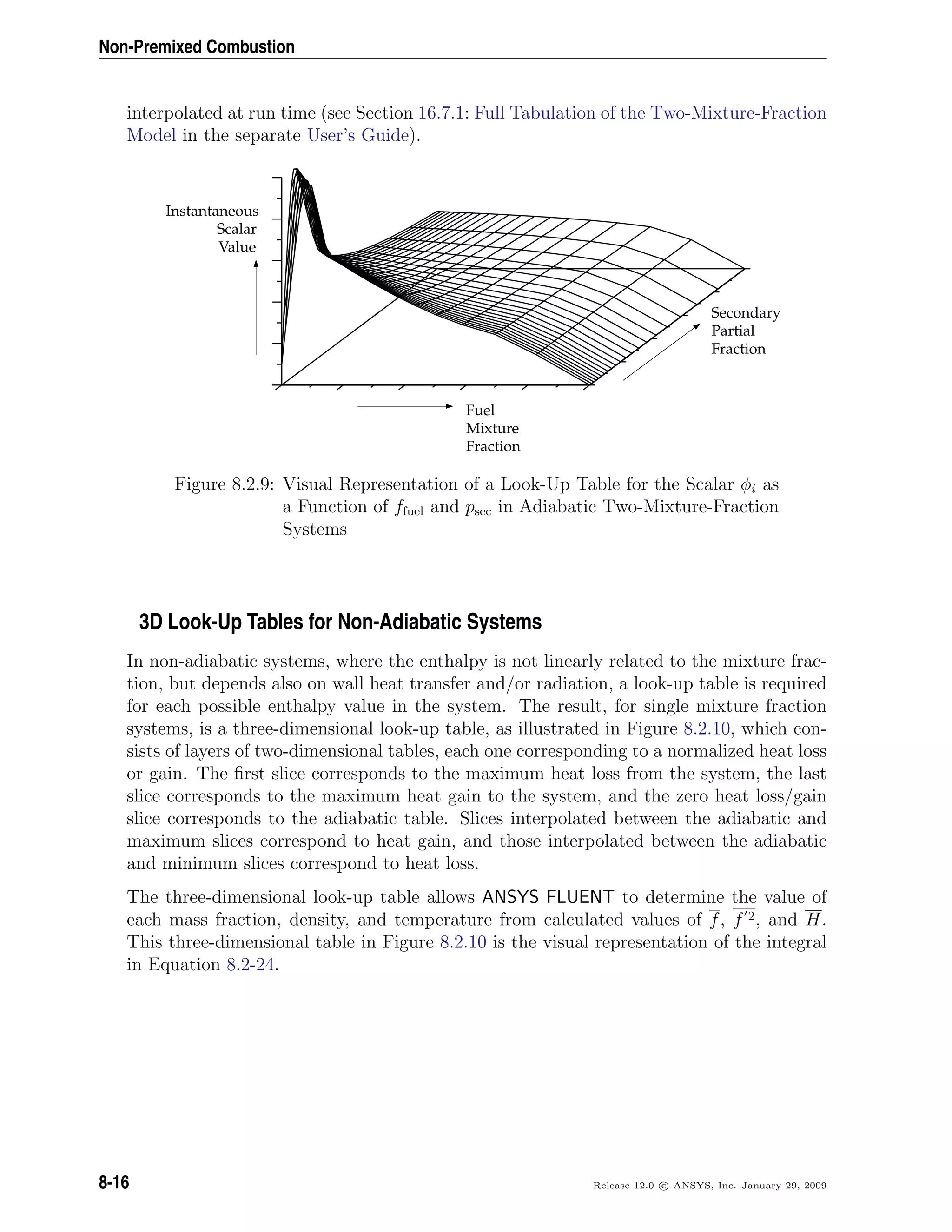 Non-Premixed Combustion
interpolated at run time (see Section 16.7.1: Full Tabulation of the Two-Mixture-Fraction
Model in the separate User’s Guide).
Instantaneous
Scalar
Value
Fuel
Mixture
Fraction
Secondary
Partial
Fraction
Figure 8.2.9: Visual Representation of a Look-Up Table for the Scalar φi as
a Function of ffuel and psec in Adiabatic Two-Mixture-Fraction
Systems
3D Look-Up Tables for Non-Adiabatic Systems
In non-adiabatic systems, where the enthalpy is not linearly related to the mixture frac-
tion, but depends also on wall heat transfer and/or radiation, a look-up table is required
for each possible enthalpy value in the system. The result, for single mixture fraction
systems, is a three-dimensional look-up table, as illustrated in Figure 8.2.10, which con-
sists of layers of two-dimensional tables, each one corresponding to a normalized heat loss
or gain. The ﬁrst slice corresponds to the maximum heat loss from the system, the last
slice corresponds to the maximum heat gain to the system, and the zero heat loss/gain
slice corresponds to the adiabatic table. Slices interpolated between the adiabatic and
maximum slices correspond to heat gain, and those interpolated between the adiabatic
and minimum slices correspond to heat loss.
The three-dimensional look-up table allows ANSYS FLUENT to determine the value of
each mass fraction, density, and temperature from calculated values of f, f 2, and H.
This three-dimensional table in Figure 8.2.10 is the visual representation of the integral
in Equation 8.2-24.
8-16 Release 12.0 c ANSYS, Inc. January 29, 2009
 