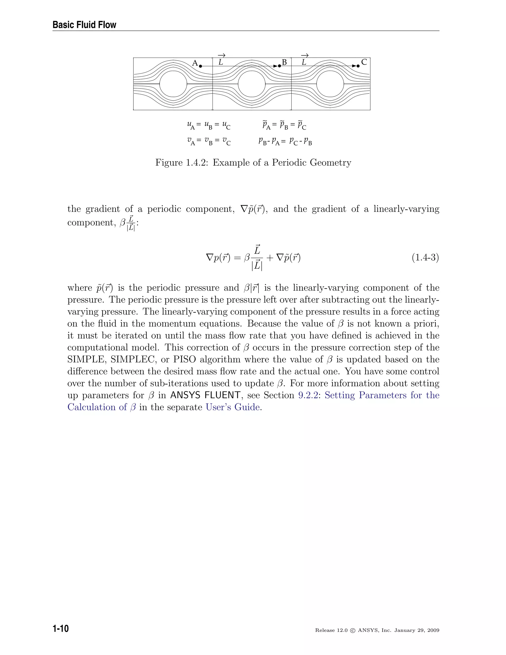 Basic Fluid Flow
L
→
L
→
A B C
uB
uA
uC
= =
vB
vA
vC
= = pB
pA
pC=pB- -
pB
pA
pC
= =∼ ∼ ∼
Figure 1.4.2: Example of a Periodic Geometry
the gradient of a periodic component, ˜p(r), and the gradient of a linearly-varying
component, β L
|L|
:
p(r) = β
L
|L|
+ ˜p(r) (1.4-3)
where ˜p(r) is the periodic pressure and β|r| is the linearly-varying component of the
pressure. The periodic pressure is the pressure left over after subtracting out the linearly-
varying pressure. The linearly-varying component of the pressure results in a force acting
on the ﬂuid in the momentum equations. Because the value of β is not known a priori,
it must be iterated on until the mass ﬂow rate that you have deﬁned is achieved in the
computational model. This correction of β occurs in the pressure correction step of the
SIMPLE, SIMPLEC, or PISO algorithm where the value of β is updated based on the
diﬀerence between the desired mass ﬂow rate and the actual one. You have some control
over the number of sub-iterations used to update β. For more information about setting
up parameters for β in ANSYS FLUENT, see Section 9.2.2: Setting Parameters for the
Calculation of β in the separate User’s Guide.
1-10 Release 12.0 c ANSYS, Inc. January 29, 2009
 