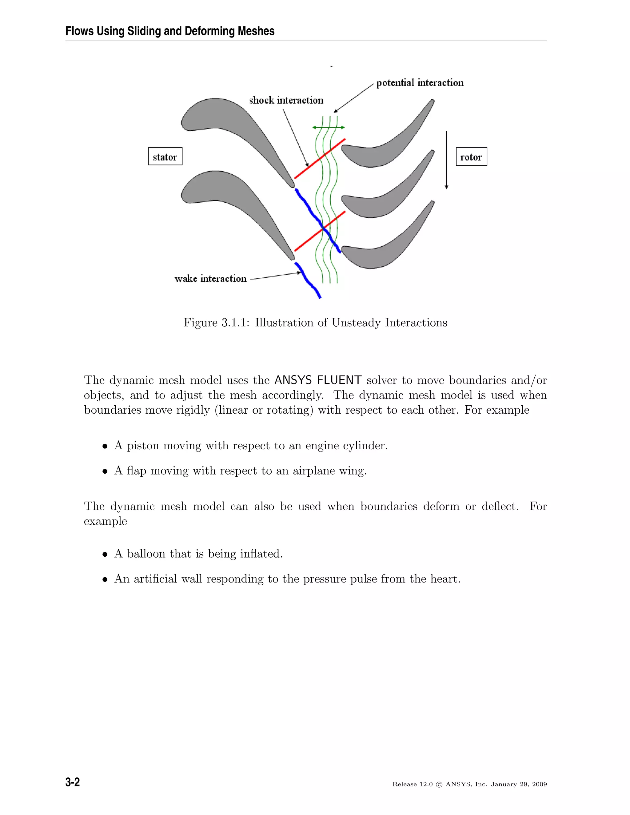 Flows Using Sliding and Deforming Meshes
Figure 3.1.1: Illustration of Unsteady Interactions
The dynamic mesh model uses the ANSYS FLUENT solver to move boundaries and/or
objects, and to adjust the mesh accordingly. The dynamic mesh model is used when
boundaries move rigidly (linear or rotating) with respect to each other. For example
• A piston moving with respect to an engine cylinder.
• A ﬂap moving with respect to an airplane wing.
The dynamic mesh model can also be used when boundaries deform or deﬂect. For
example
• A balloon that is being inﬂated.
• An artiﬁcial wall responding to the pressure pulse from the heart.
3-2 Release 12.0 c ANSYS, Inc. January 29, 2009
 