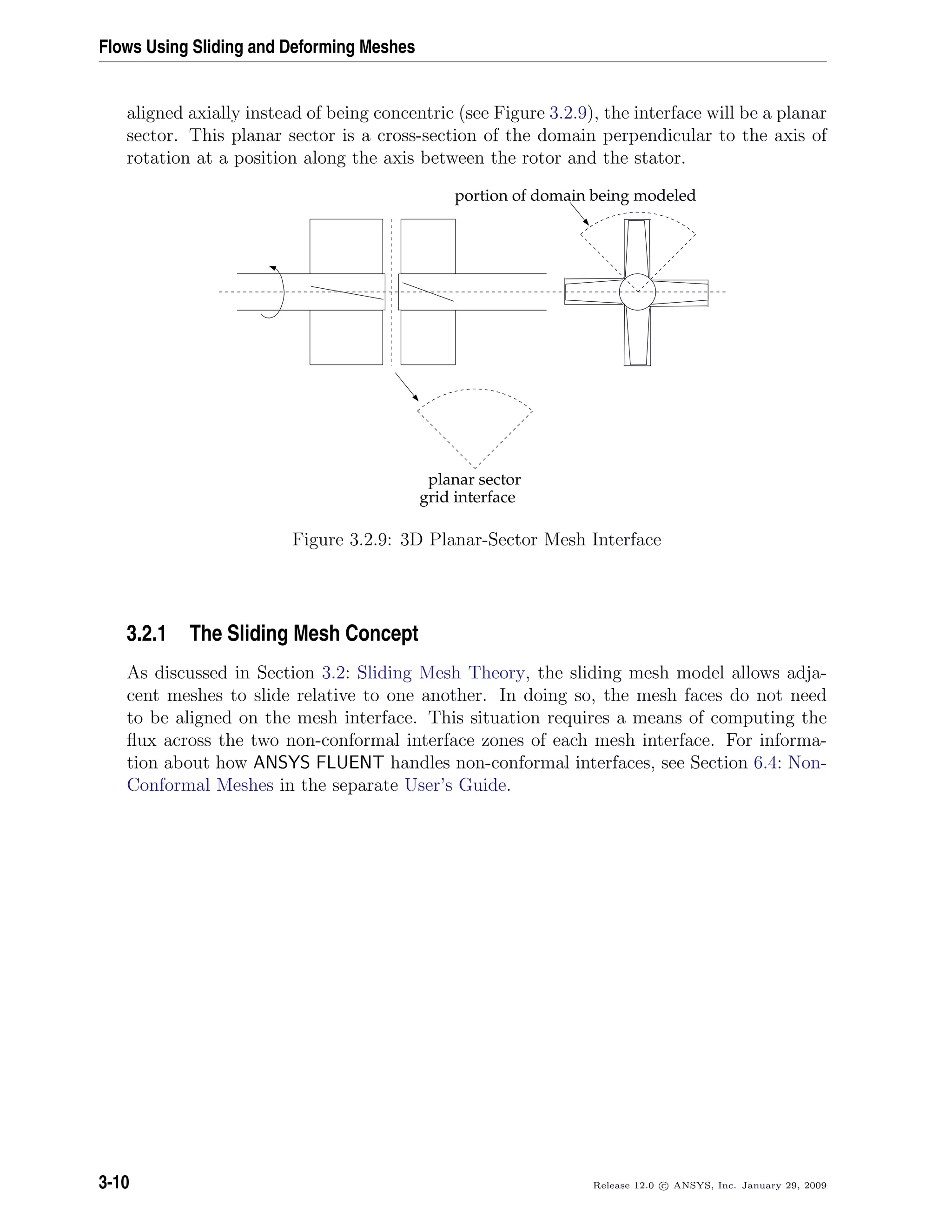 Flows Using Sliding and Deforming Meshes
aligned axially instead of being concentric (see Figure 3.2.9), the interface will be a planar
sector. This planar sector is a cross-section of the domain perpendicular to the axis of
rotation at a position along the axis between the rotor and the stator.
planar sector
grid interface
portion of domain being modeled
Figure 3.2.9: 3D Planar-Sector Mesh Interface
3.2.1 The Sliding Mesh Concept
As discussed in Section 3.2: Sliding Mesh Theory, the sliding mesh model allows adja-
cent meshes to slide relative to one another. In doing so, the mesh faces do not need
to be aligned on the mesh interface. This situation requires a means of computing the
ﬂux across the two non-conformal interface zones of each mesh interface. For informa-
tion about how ANSYS FLUENT handles non-conformal interfaces, see Section 6.4: Non-
Conformal Meshes in the separate User’s Guide.
3-10 Release 12.0 c ANSYS, Inc. January 29, 2009
 