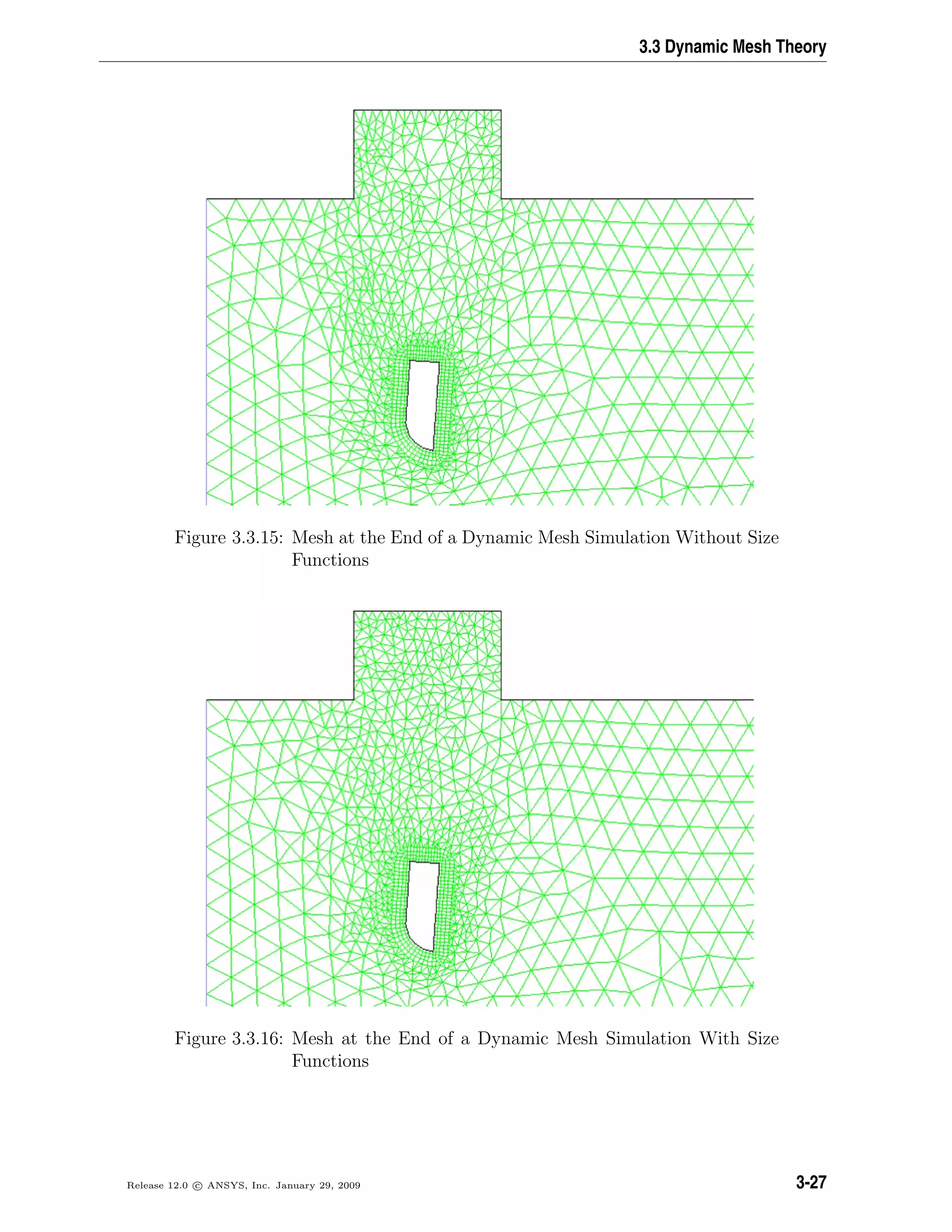 3.3 Dynamic Mesh Theory
Figure 3.3.15: Mesh at the End of a Dynamic Mesh Simulation Without Size
Functions
Figure 3.3.16: Mesh at the End of a Dynamic Mesh Simulation With Size
Functions
Release 12.0 c ANSYS, Inc. January 29, 2009 3-27
 